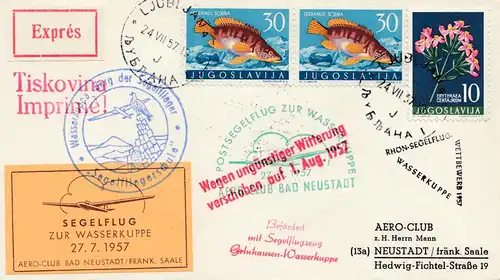 Brief Jugoslavien - Postsegelflug 1957- wegen Wetter verschoben nach Neustadt