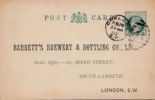 England: London 1902: Brewery&Bottling-Mineral Water, Ganzsache