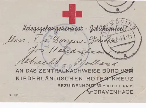 Niederlande: Kriegsgefangenenpost-Rotes Kreuz 1944 - Zentralnachweisbüro