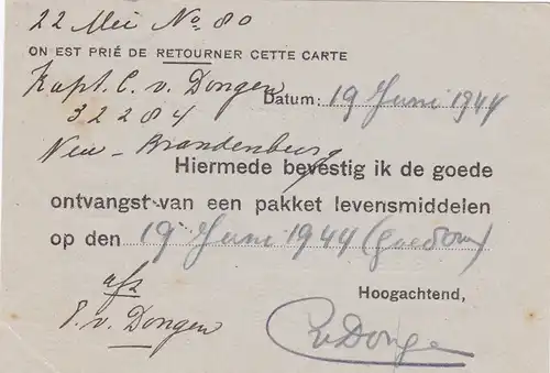 Pays-Bas: Poste de prisonniers de guerre-Croix rouge 1944 - Bureau central de la preuve