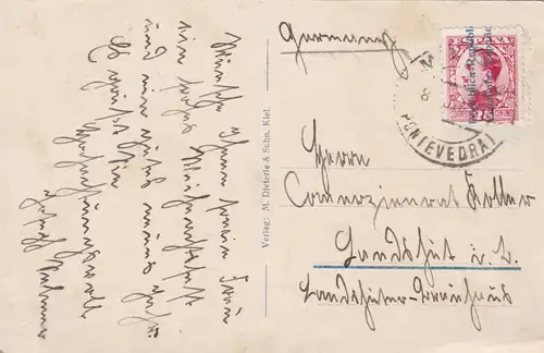 Carte de vue Kreuzer Karlsruhe d'Espagne vers l'Allemagne