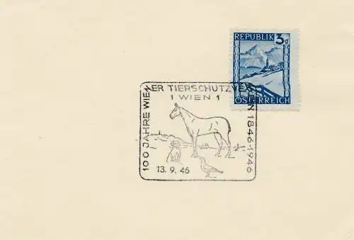 1946: Autriche: 100 ans de protection des animaux - cheval, chien, oiseau