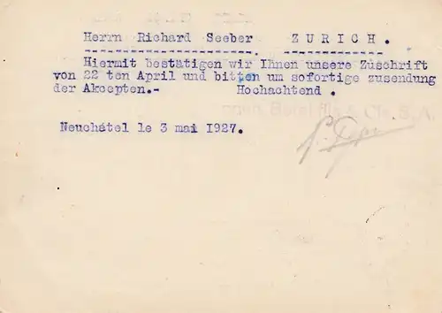 1927: Schweiz: Neuchatel - Uhren an Goldschmied in Zürich - Ganzsache