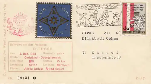 1965: Christkindl - Österreich Bordstempel Ballon