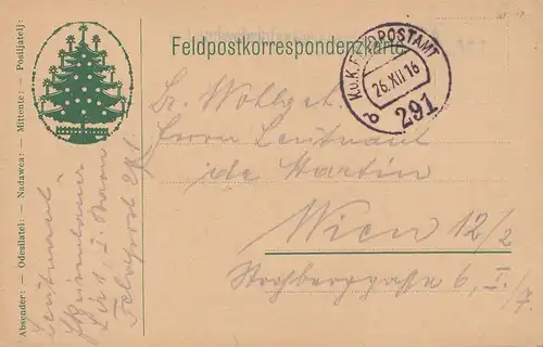 Feldpostkorrespondenzkarte: 1916 mit Weihnachtsbaum/Christbaum nach Wien