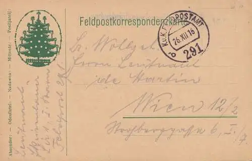 Feldpostkorrespondenzkarte: 1916 mit Weihnachtsbaum/Christbaum nach Wien