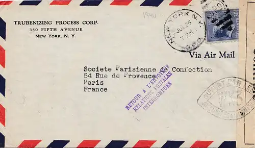 Zensur: USA Brief nach Frankreich - Retour