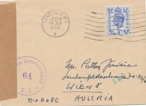 Censure: 1952: Lettre de Londres à Vienne: Censuration alliée 64