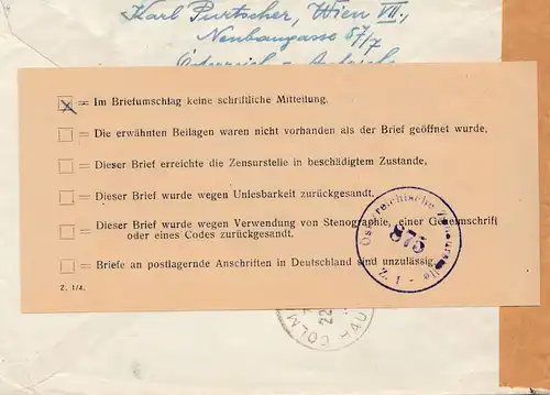 Censuration: 1951: Lettre d'Autriche à la France ZENSUR US 875