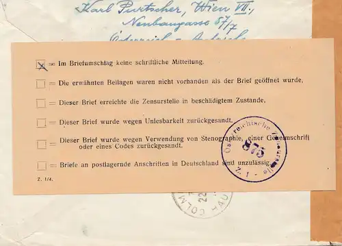 Zensur: 1951: Brief von Österreich nach Frankreich ZENSUR US 875