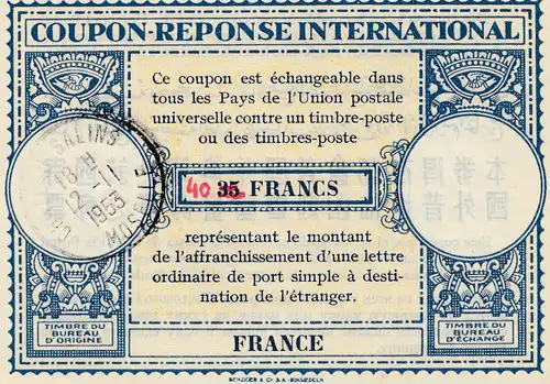 Internationaler Antwortschein 1953: Cha... Salins  Frankreich