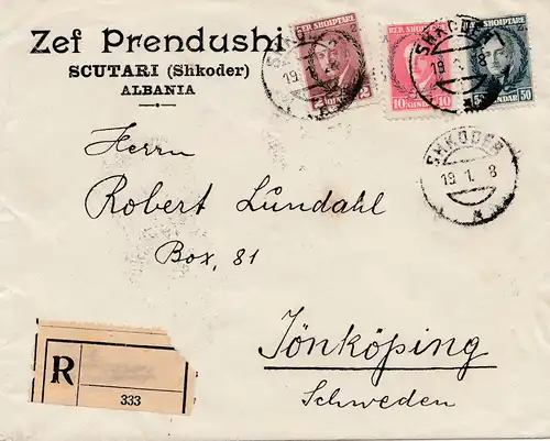 Albanien: 1928: Scutari/Shkoder to Sweden-registered