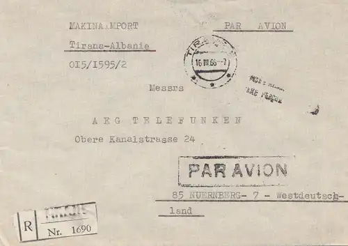 Albanie: 1968: Tirana-Makina Import- registered to Germany