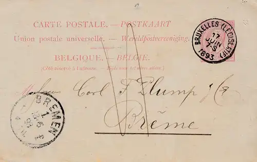Belgien: 1893 Ganzsache Belgien nach Bremen