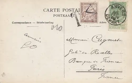 Belgien: 1909: Ansichtskarte aus Anvers nach Paris