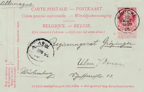 Belgien: 1905: Ganzsache nach Ulm