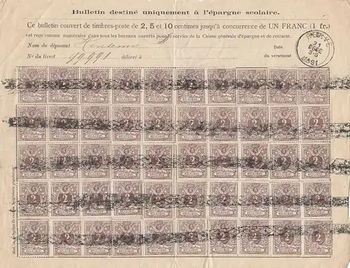 Belgien: 1891 Bulletin destine uniquement a l'epargne scolaire