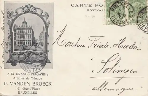 Belgien: carte postale Bruxelles 1904 to Solingen (Germany)