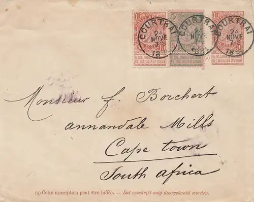 Belgique: 1894 Courtrai to Cape Town-South Africa