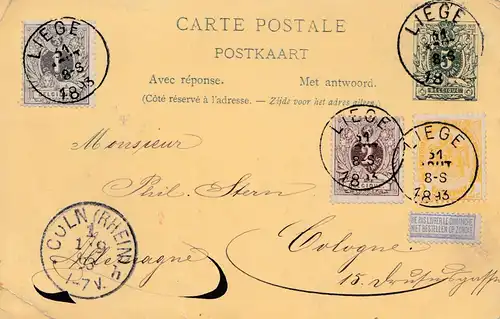 Belgique: 1893: Liège to Cologne/Germany-Affaire générale