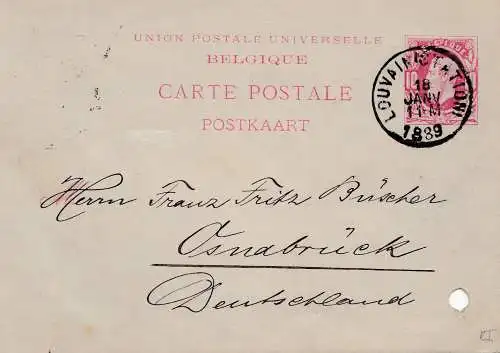 Belgien: 1889: Ganzsache Louvain nach Deutschland-Mängel