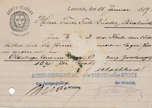 Belgien: 1889: Ganzsache Louvain nach Deutschland-Mängel