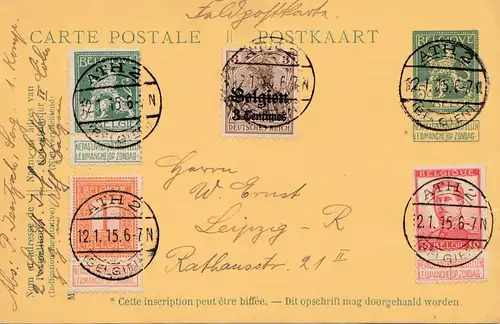 Belgique: 1915: Carte postale ATH2 vers Leipzig