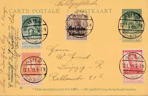 Belgique: 1915: Carte postale ATH2 vers Leipzig