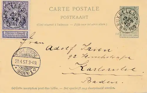 Belgien: 1897: Bruxelles-Ganzsache nach Karlsruhe - Ansichtskarte-Exposition