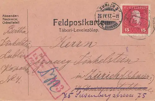 Bosnie: 1917: Carte postale de Lublin vers Zurich