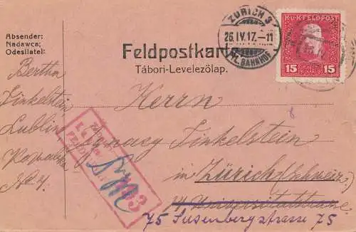 Bosnien: 1917: Feldpostkorrespondenzkarte Lublin nach Zürich