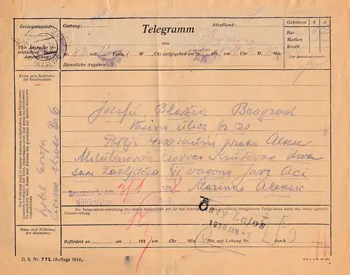Bosnie: 1918: Telegramme Krusevac, Censuré