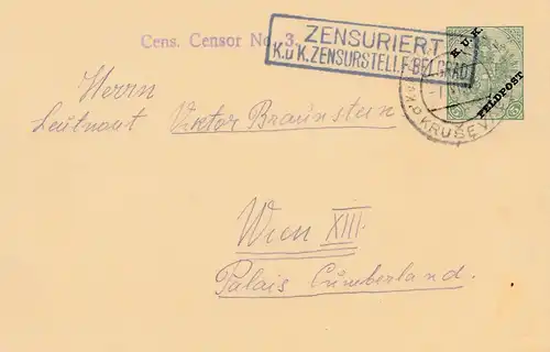 Bosnien: 1916: Ganzsache Krusevac nach Wien: Zensuriert: KuK Feldpost