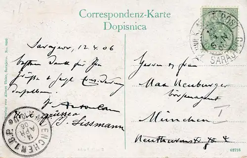Bosnie: 1906: Carte de visite Sarajevo vers Munich