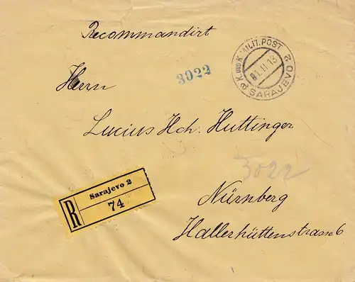 1913: KuK Einschreiben Sarajevo nach Nürnberg