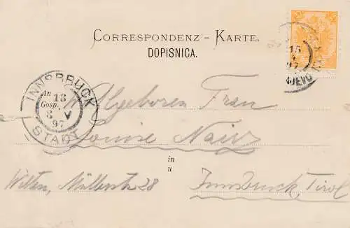 1897: Ansichtskarte Sarajevo nach Insbruck/Tirol