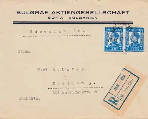 Bulgarie 1937: Sofia en recommandé à Dresde
