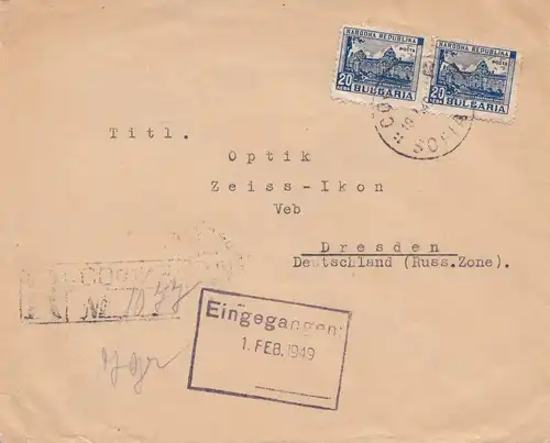 Bulgarie 1949: Lettre de Sofia à Dresde- Zeiss-Idon