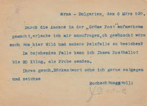 Bulgarien 1929: Ganzsache Varne nach Leipig _ Felle/Pelze