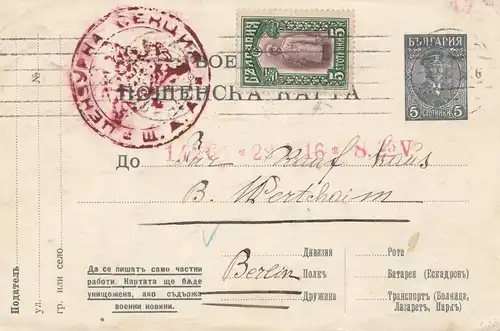 Bulgarien 1916: Ganzsache von Sofia nach Berlin