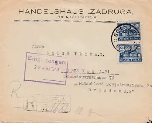 Bulgarie 1948: Lettre de Sofia à Dresde - recommandé