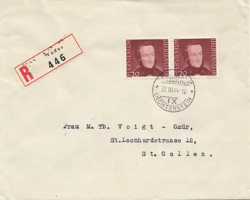 Liechtenstein: 1944 Einschreiben Vaduz nach St. Gallen