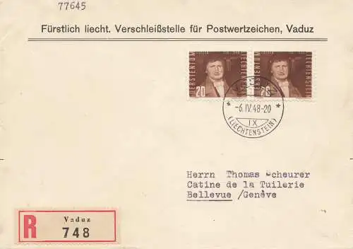Liechtenstein: 1948 Einschreiben Vaduz nach Bellevue/Schweiz