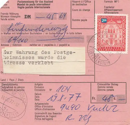 Liechtenstein: 1977: mandat postal à l'étranger