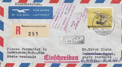 Liechtenstein: 1957: Einschreiben Nr. 356 EF von Mauren nach USA - zurück