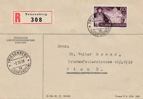 Liechtenstein: Triesenberg 1938 Enregistré pour Vienne