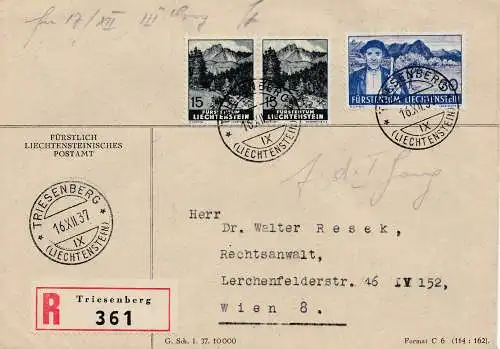 Liechtenstein: Triesenberg Einschreiben nach Wien 1937