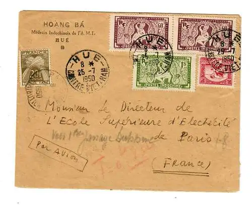 Hue, Centre Viet-Nam, air mail to France 1950, Taxe