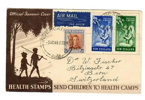 Official sopuvenir Cover, Invercargill, Health stamps send Children 1949 to Berne