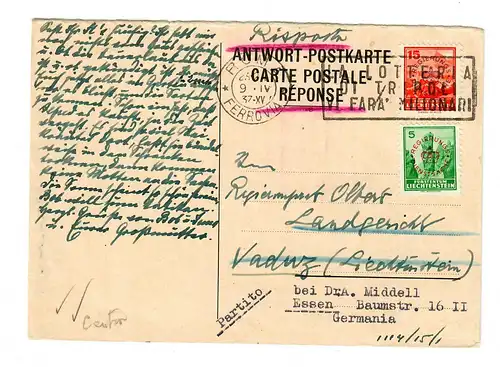 Réponse Carte postale de Rome à Vaduz - continuer vers Essen, 1937